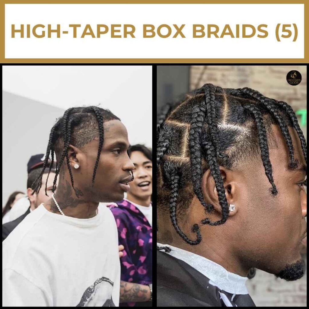 High Taper Box Braids for Black Men Black man with high taper box braids featuring clean parting and a faded lineup, showing a modern and stylish braided look with defined sections.