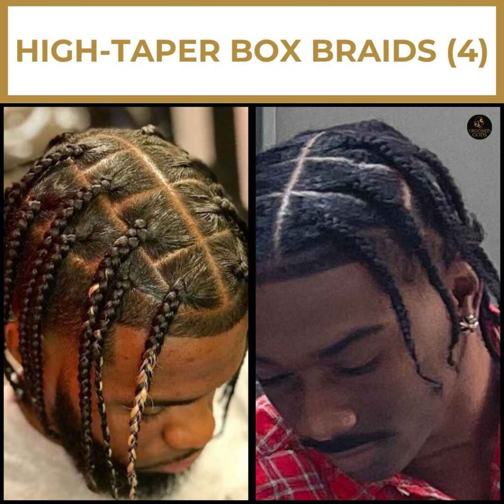 High Taper Box Braids with Clean Parts for Black Men Two views of a Black man with high taper box braids featuring sharp parting and clean fade, showing a detailed and stylish protective braid look.