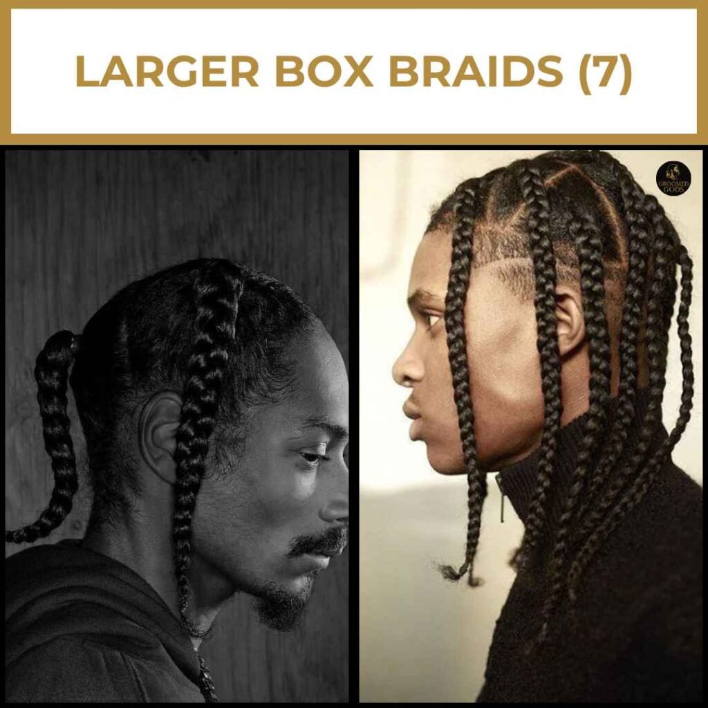 Larger Box Braids for Black Men Black men with larger box braids featuring thick, well-defined sections and clean parting, showing a bold and stylish protective braid look.