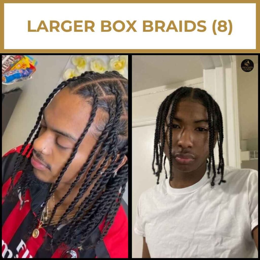 Larger Box Braids with Clean Parts for Black Men Two Black men with larger box braids featuring clean parting and thick, even sections, showing a bold and stylish braided hairstyle for men.
