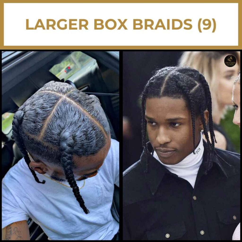 Larger Box Braids with Clean Sections for Black Men Two Black men with larger box braids showing clean parting and thick sections, including a polished style similar to A$AP Rocky’s signature braids.