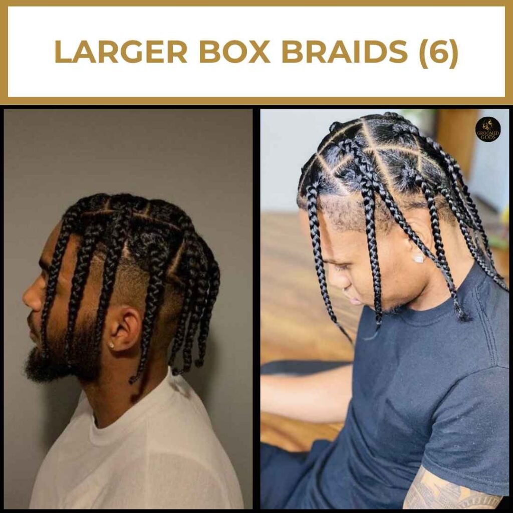 Larger Box Braids for Black Men with Clean Parting Two Black men with larger box braids featuring clean parting and thick braids, showing a bold and low-maintenance protective hairstyle.