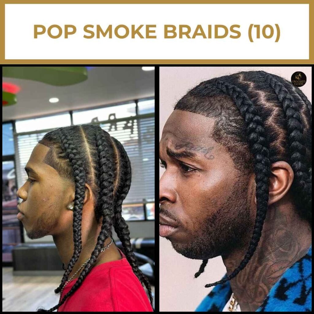 Pop Smoke Braids for Black Men Two Black men with Pop Smoke braids featuring clean middle parts and thick cornrow sections, showcasing the iconic protective hairstyle popularized by Pop Smoke.