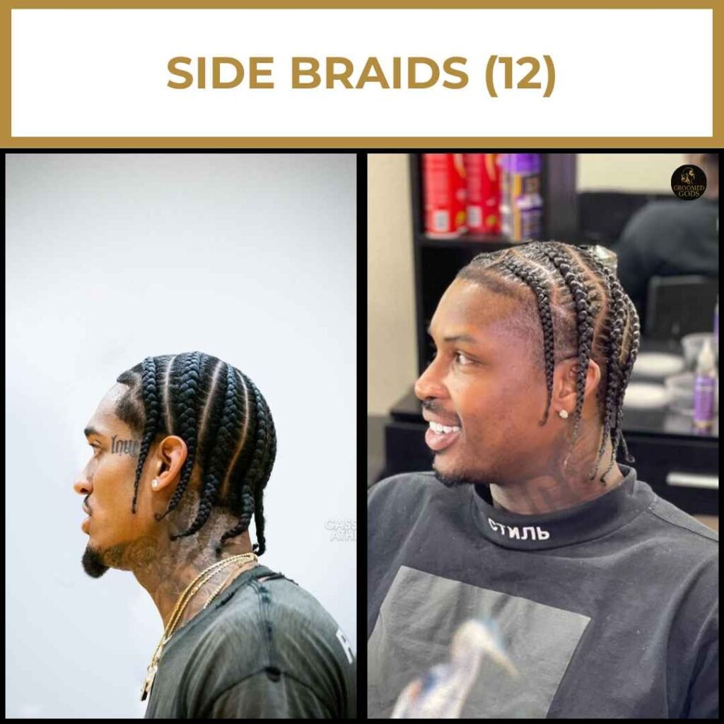 Side Braids for Black Men Two Black men with side braids featuring clean parts and tight cornrows, showing a sleek protective style with a modern twist.