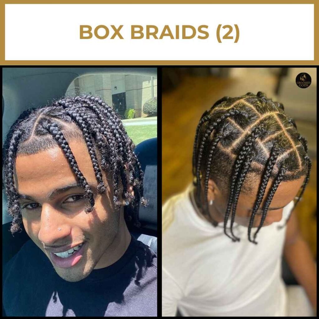 Box Braids for Black Men Two Black men with clean and stylish box braids, showcasing different parting patterns and braid thickness for a modern protective hairstyle.