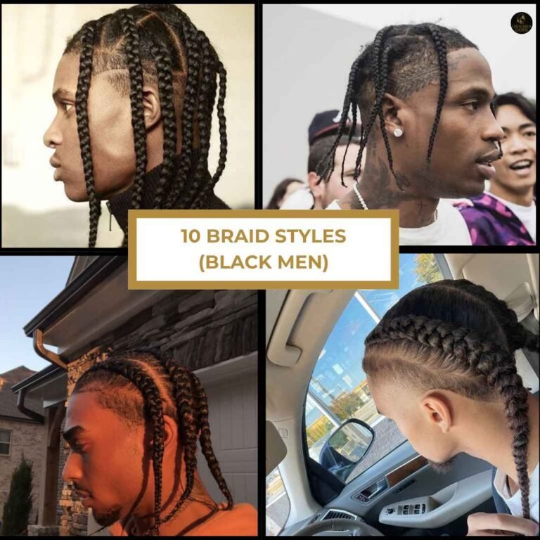 Collage of Black men with different braid styles, including box braids, Dutch braids, and side braids, showing versatile and trendy looks for Black men.