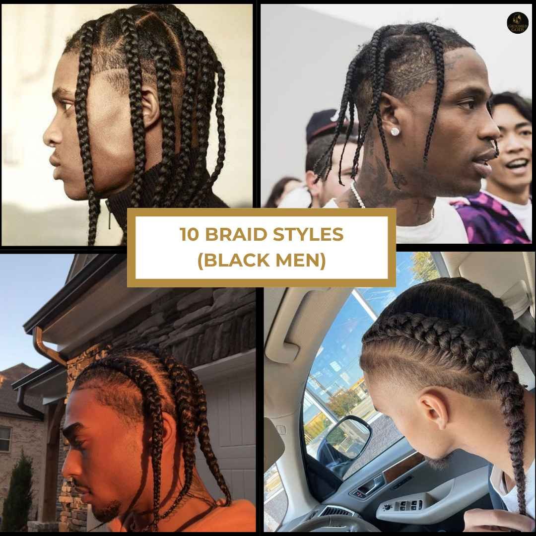 Collage of Black men with different braid styles, including box braids, Dutch braids, and side braids, showing versatile and trendy looks for Black men.