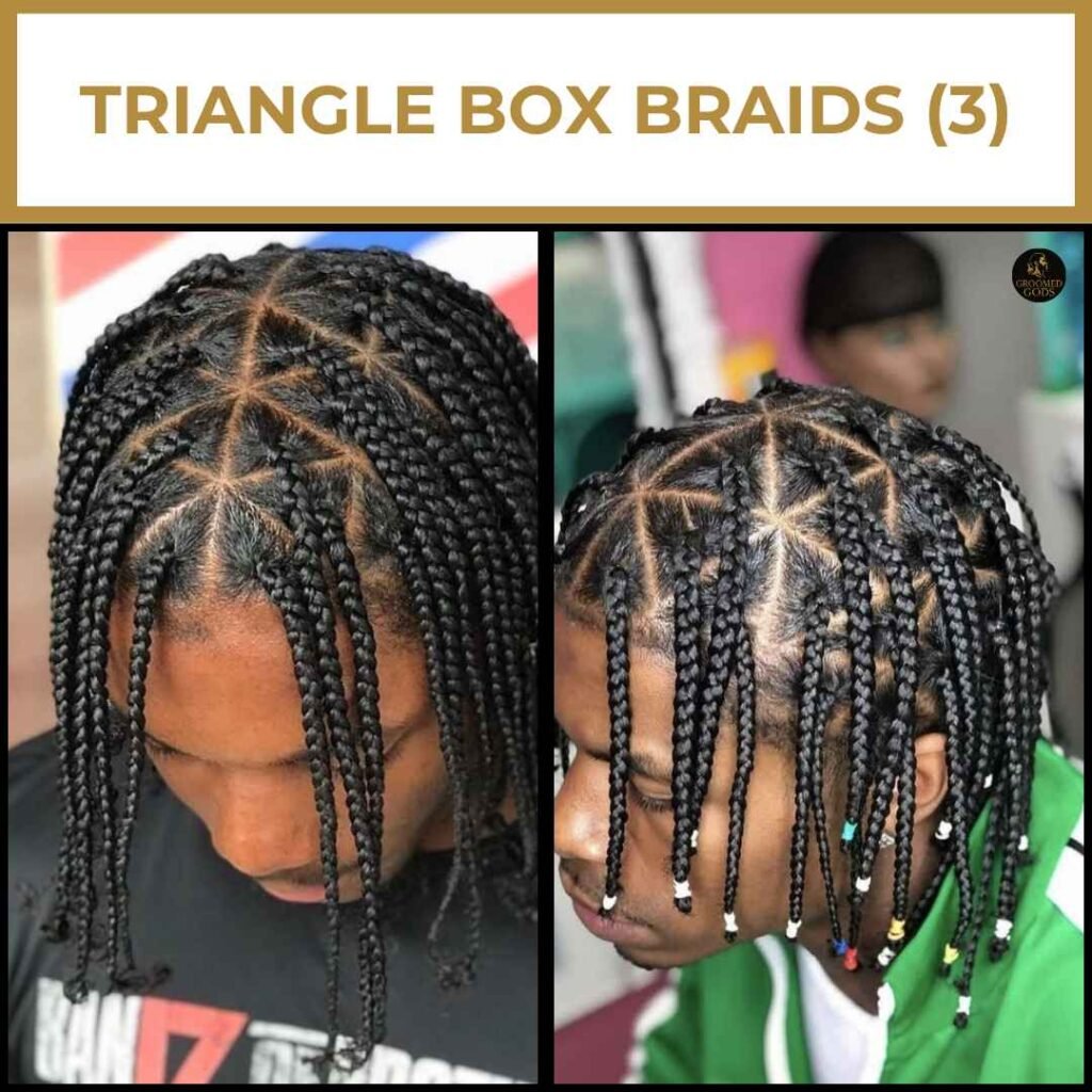 Triangle Box Braids for Black Men Two Black men with triangle box braids showing sharp parting patterns and clean sectioning for a bold, geometric braided hairstyle.