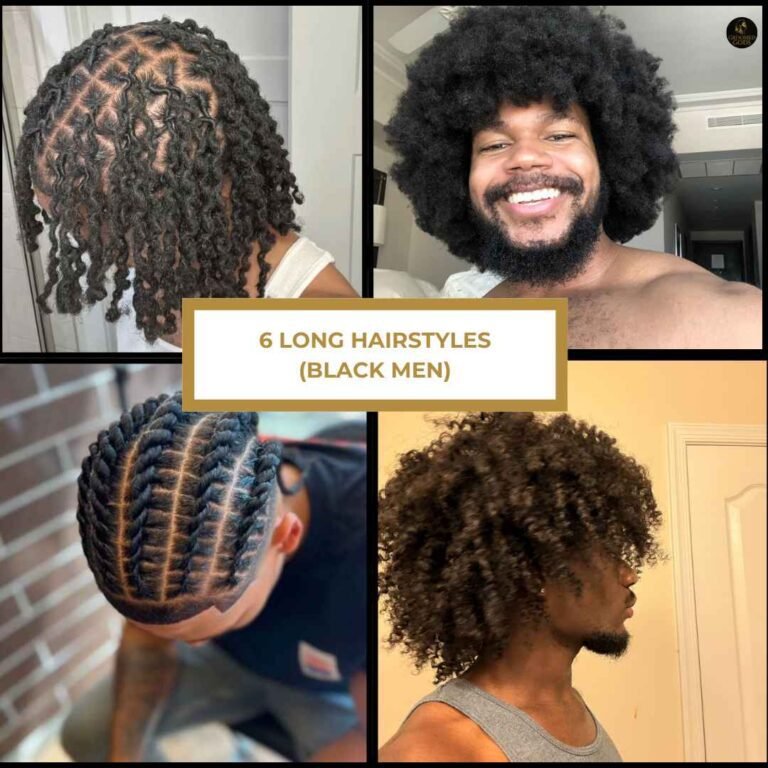 6 popular long hairstyles for Black men including braids, twists, afro, and curly hair.