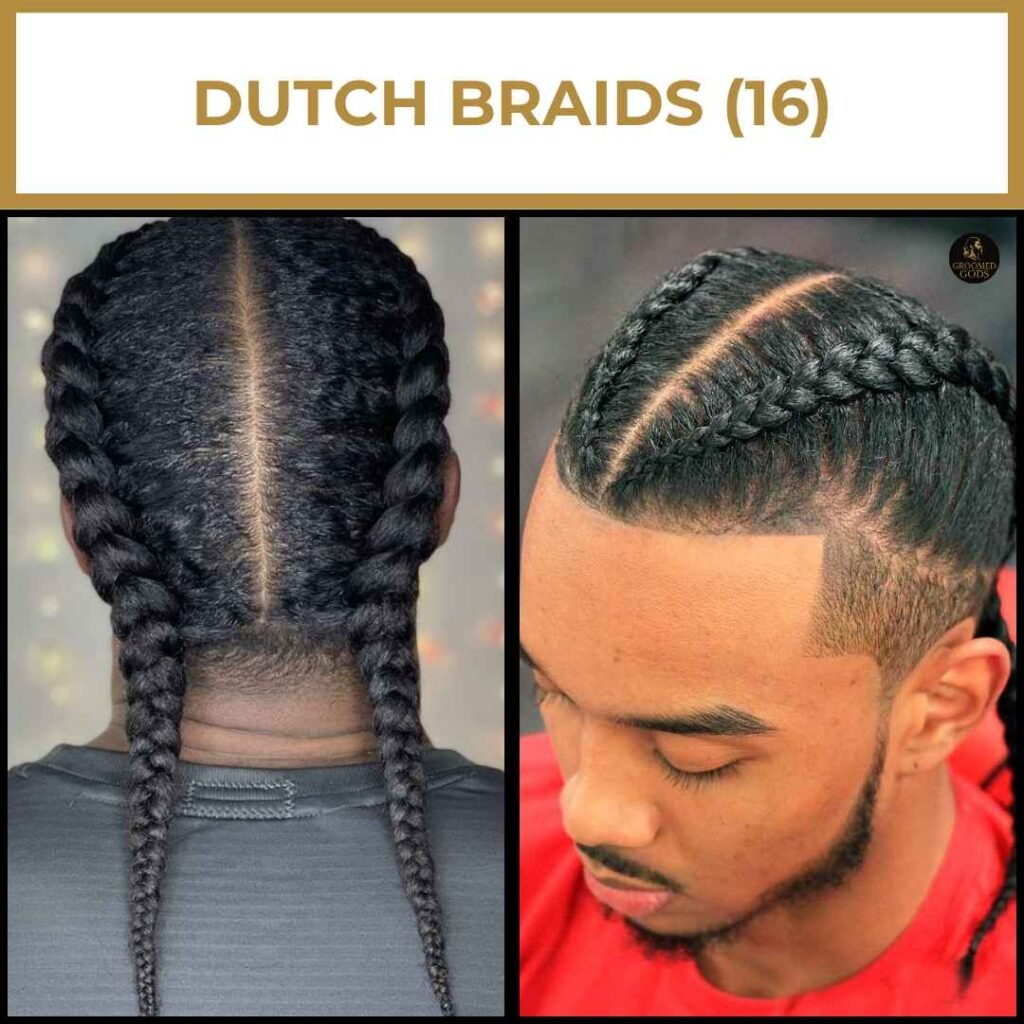 Dutch Braids with Fade for Black Men Black man with two tight Dutch braids and a clean fade haircut, showing a sharp part and neat braid definition for a polished protective style.