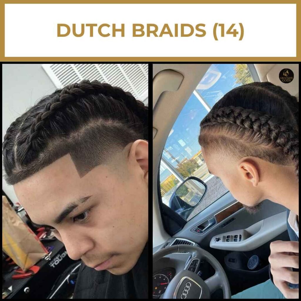 Dutch Braids with Fade Haircut for Black Men Close-up of a Black man with clean Dutch braids paired with a sharp fade haircut, showing a detailed, modern protective style with tight braid definition.