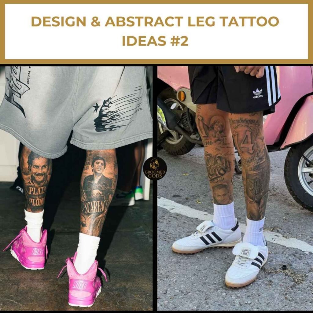 Two Black men showing detailed leg tattoos with portrait and abstract designs, photographed outdoors in streetwear.