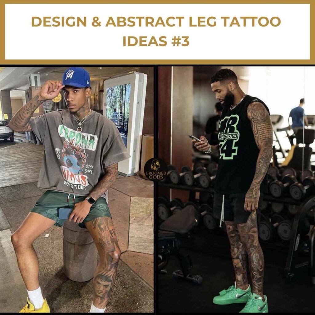 Two Black men showcasing detailed leg sleeve tattoos featuring portraits, patterns, and abstract designs; one seated outdoors, the other standing in a gym.