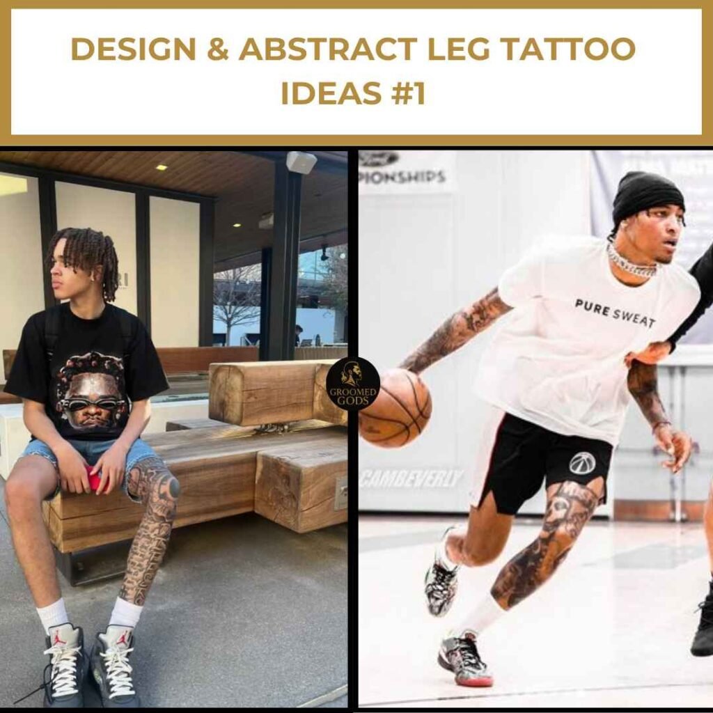 Two Black men showing off creative leg tattoos with detailed portrait and abstract designs; one sitting casually outdoors, the other playing basketball.