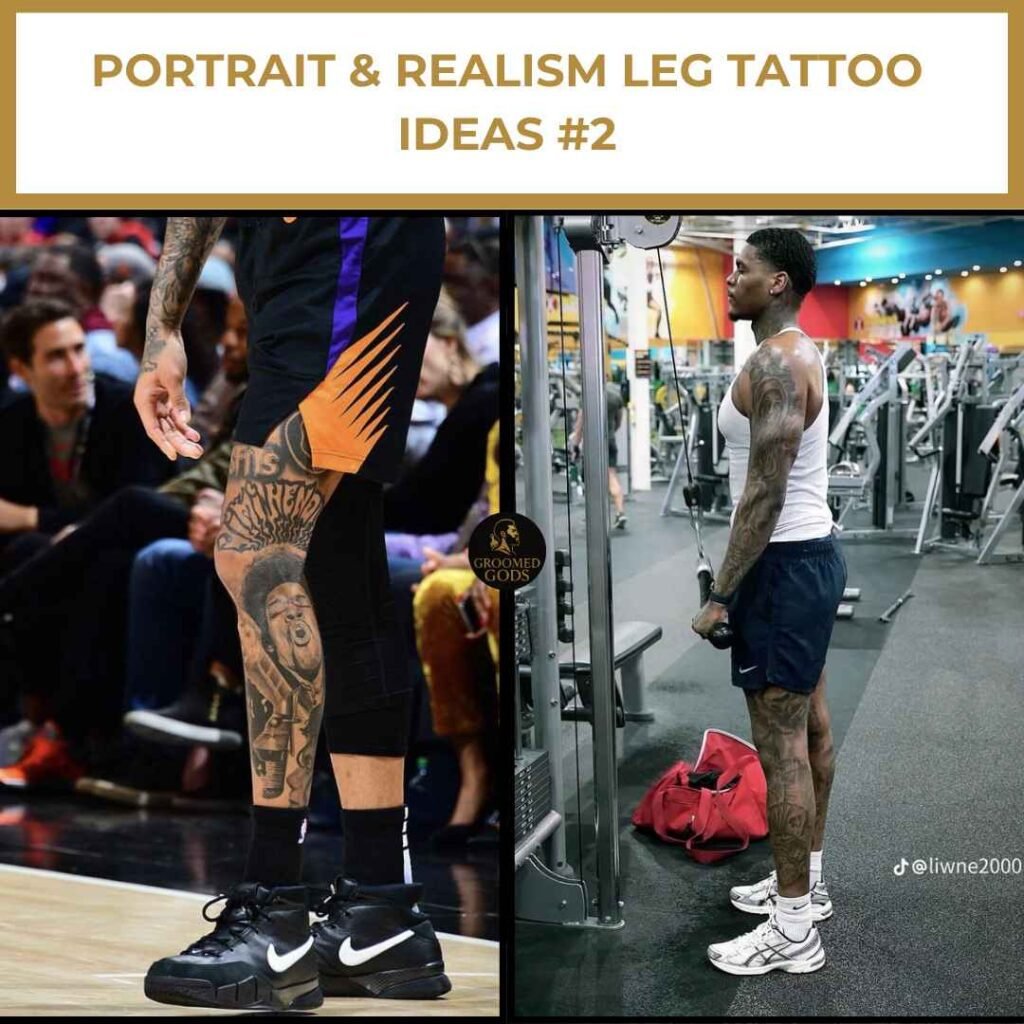 Two Black men showing portrait and realism leg tattoos — one on a basketball court, one lifting weights at the gym.