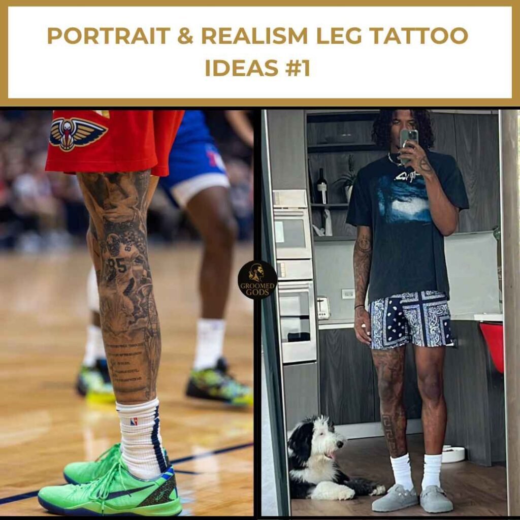 Two Black men with portrait and realism leg tattoos, showcasing detailed artwork including faces and scripture-inspired designs on calves.
