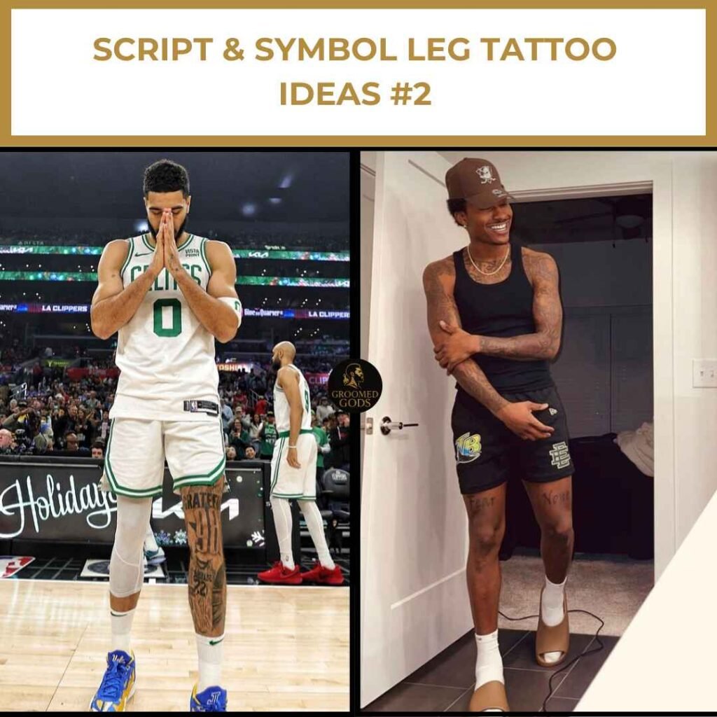 Two Black men showing leg tattoos featuring script and symbol designs — one wearing a basketball uniform, the other posing casually in shorts.