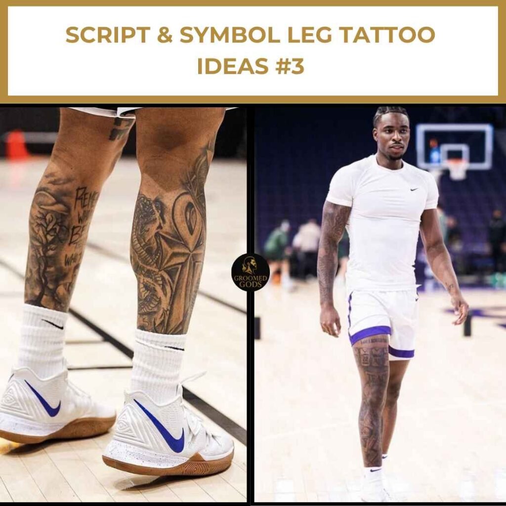 Two Black men showing script and symbol leg tattoos — one with detailed ink on calves, the other with leg sleeve tattoos during basketball practice