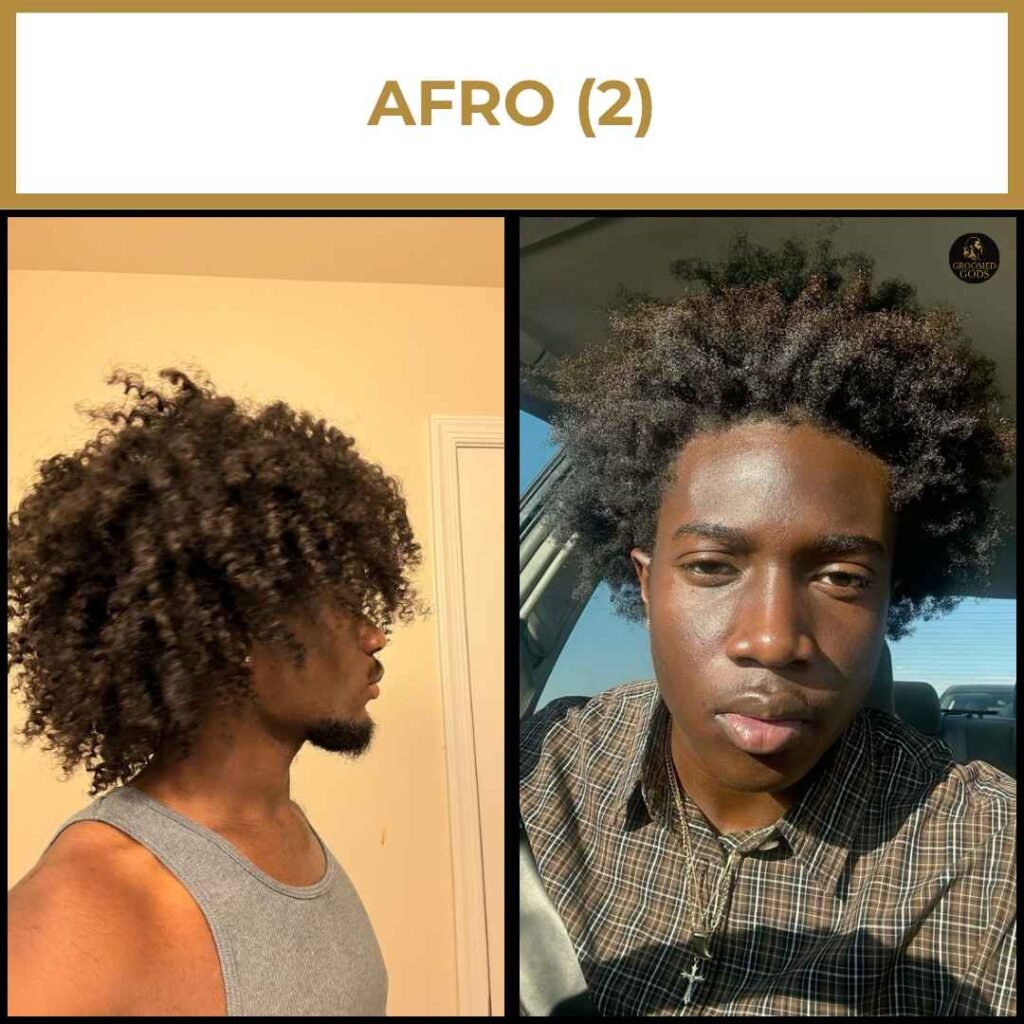 Afro Hairstyles for Black Men Two afro hairstyles for Black men—one curly and one natural.