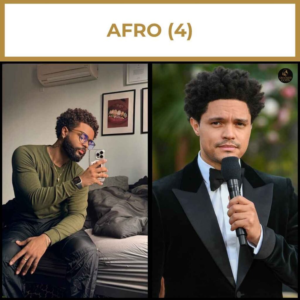 Afro Hairstyles for Black Men (Short and Long Styles) Two afro hairstyles for Black men, one short and shaped, the other long and full.