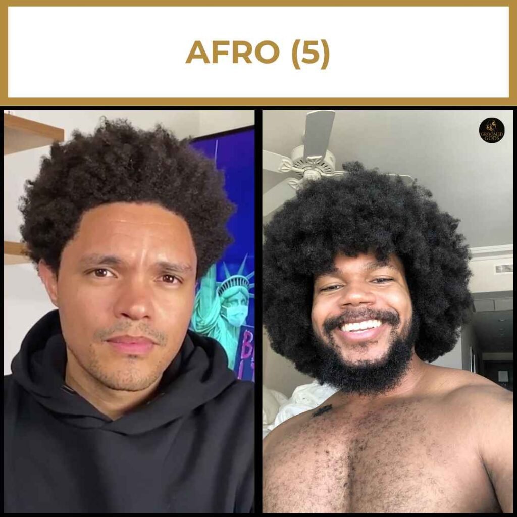 Afro Hairstyles for Black Men (Volume & Shape) Two afro hairstyles for Black men — one shaped short, one large and round.