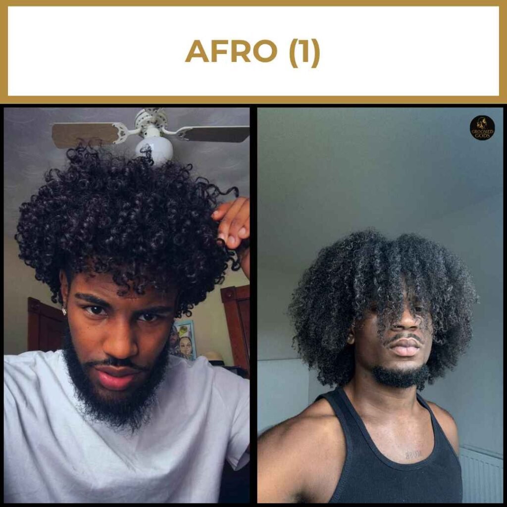 Curly Afro Hairstyles for Black Men Two curly afro hairstyles for Black men — one short and defined, one long and full.