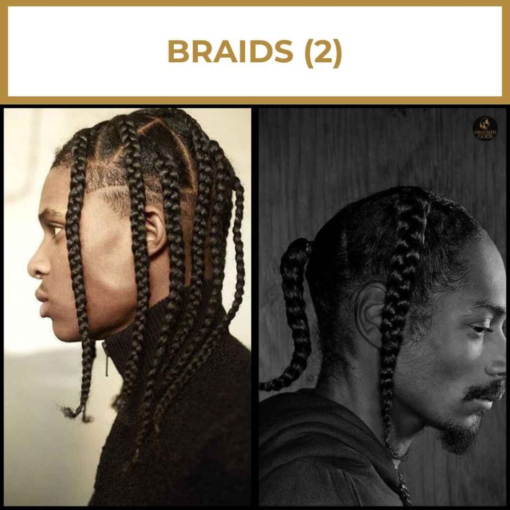 Straight-Back Braids for Black Men Two Black men with straight-back braids — one with medium parts, the other with long, tucked ends.