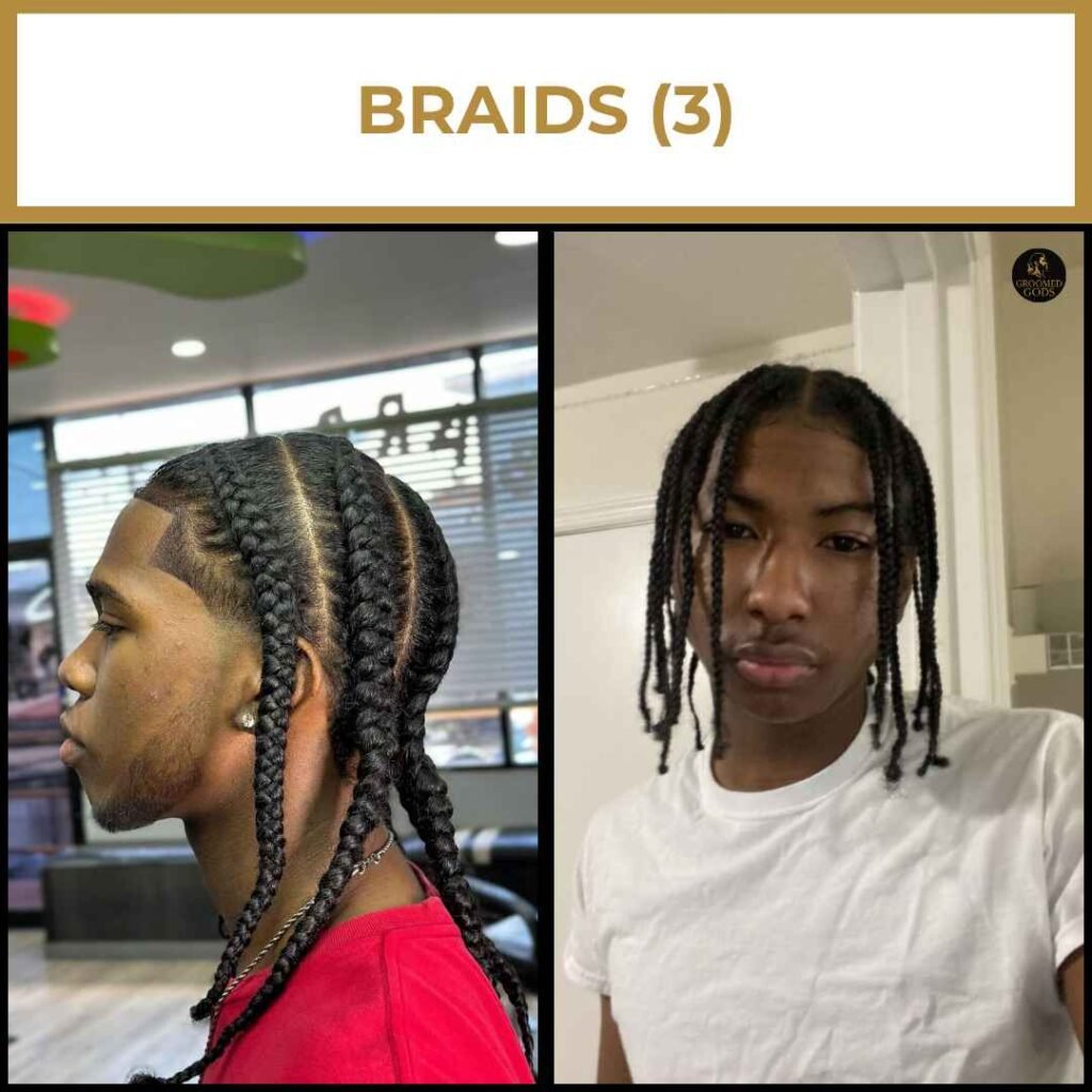 Cornrows and Loose Braids for Black Men Black men wearing cornrows and individual braids — one with a fade design and straight-back pattern, the other with loose front-hanging braids.