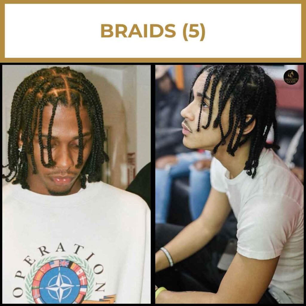 Hanging Front Braids for Black Men (Box Style) Two young Black men with medium-length braids — one with braids hanging forward, the other with thick box braids and a clean fade.