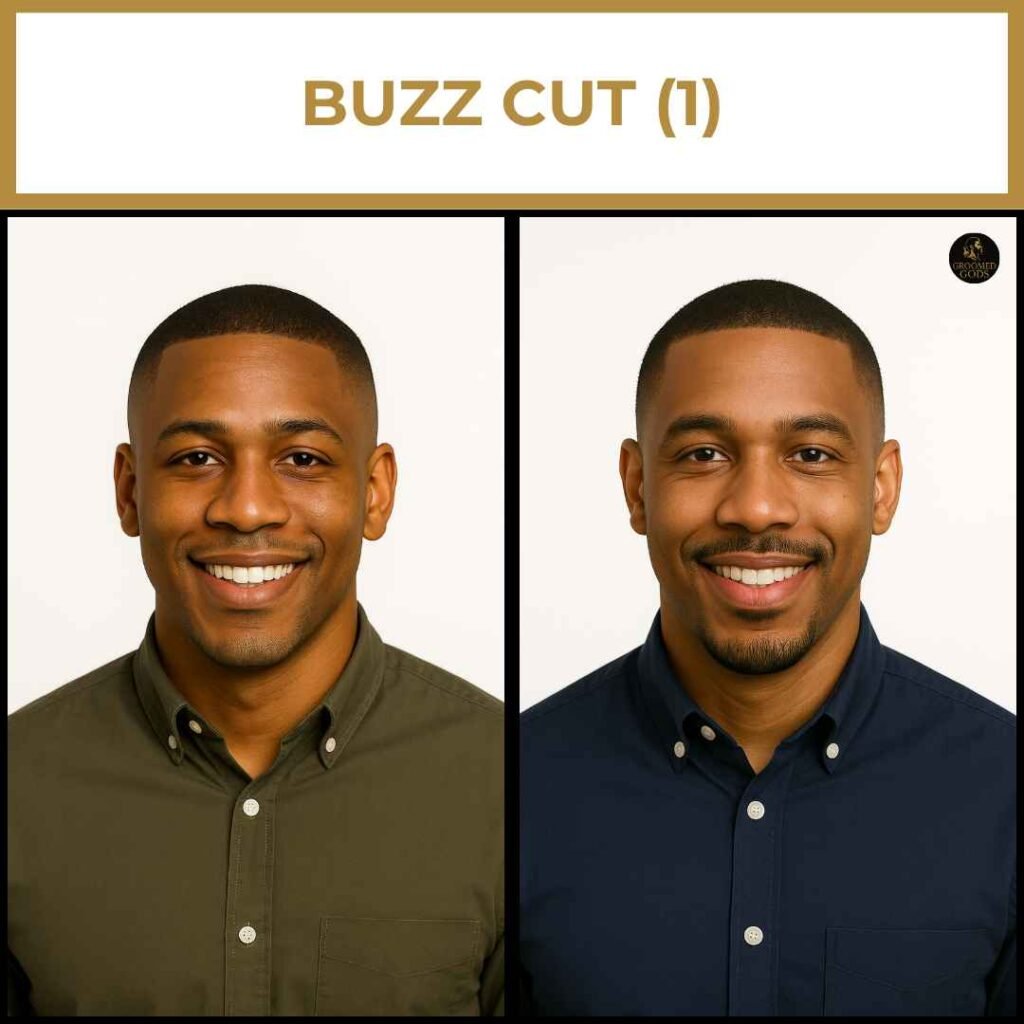 Black man with a buzz cut hairstyle, smiling in two portrait photos.