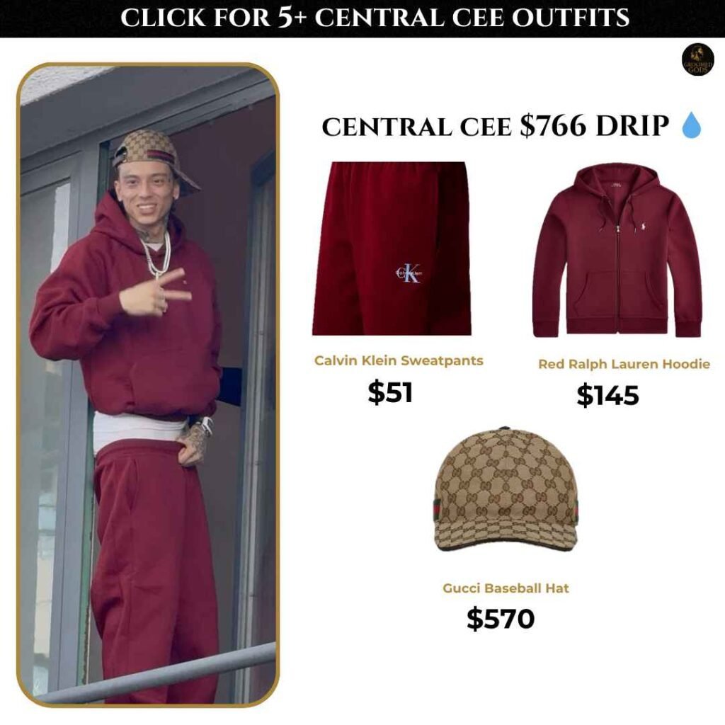 Central Cee $766 Outfit Breakdown Central Cee wearing a red Ralph Lauren hoodie, Calvin Klein sweatpants, and a Gucci baseball hat — casual luxury streetwear outfit inspiration for men.