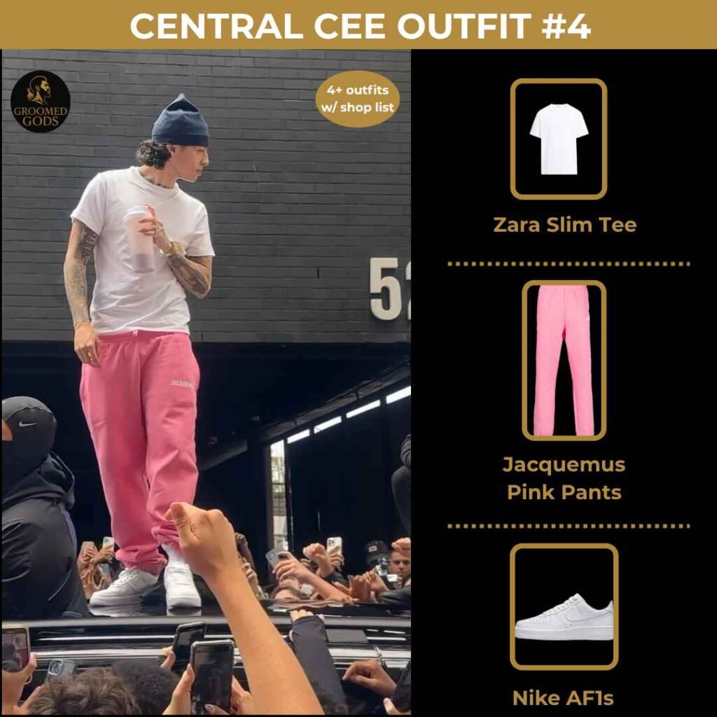 Central Cee Outfit #4 – White Tee, Pink Pants, Nike AF1s Central Cee performing in a casual streetwear outfit with a Zara slim white tee, Jacquemus pink pants, and Nike Air Force 1 sneakers.