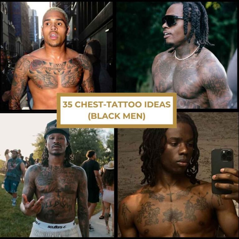 Collage of 35 chest tattoo ideas for Black men, featuring bold script, portraits, symbolic art, and detailed designs