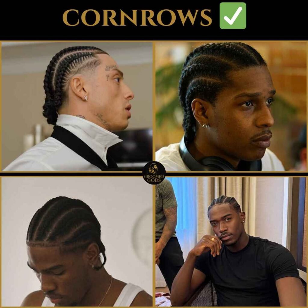 Cornrow hairstyles for Black men featuring clean, professional braids with neat parts and low maintenance styling