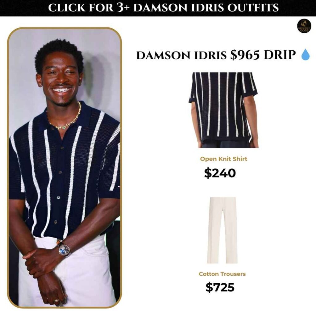 Damson Idris wearing a navy and white open knit shirt paired with white cotton trousers, featured in a $965 outfit breakdown.