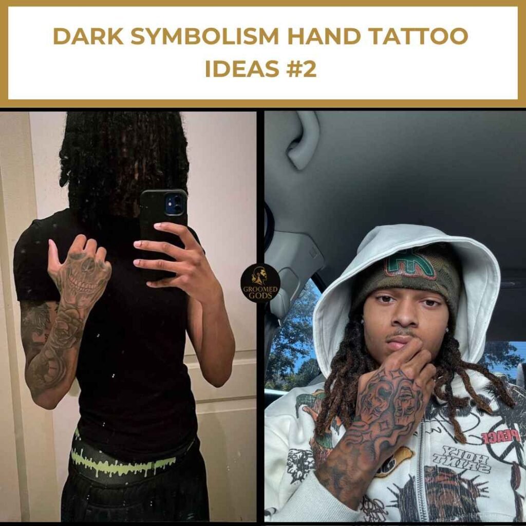Dark Symbolism Hand Tattoos on Black Men Two Black men showing off dark symbolism hand tattoos — one with a skeleton-style hand tattoo and another with a black demo design.