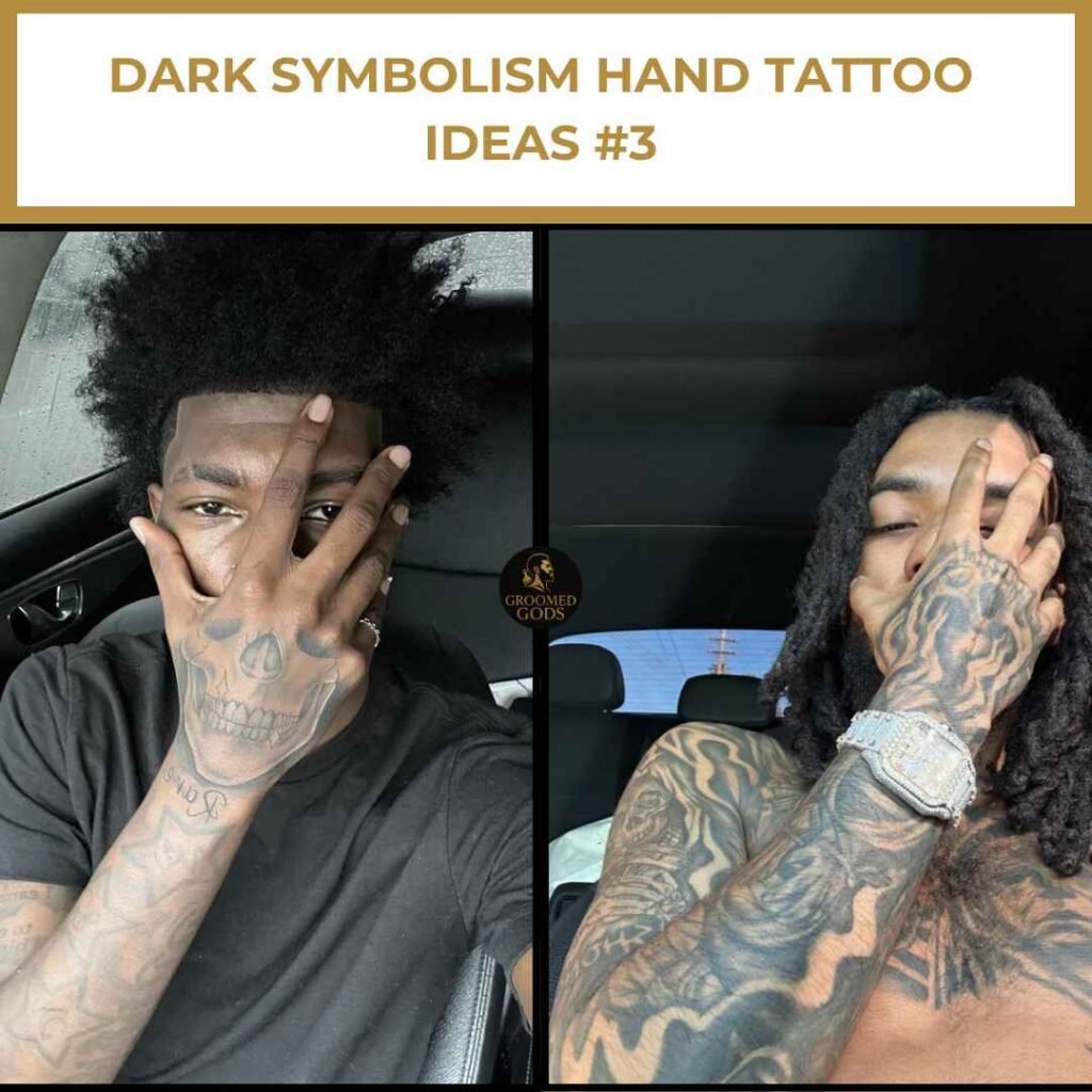 Dark Symbolism Hand Tattoo Ideas #3 Two Black men with dark symbolism hand tattoos covering their faces — featuring skulls, flames, and bold blackwork.