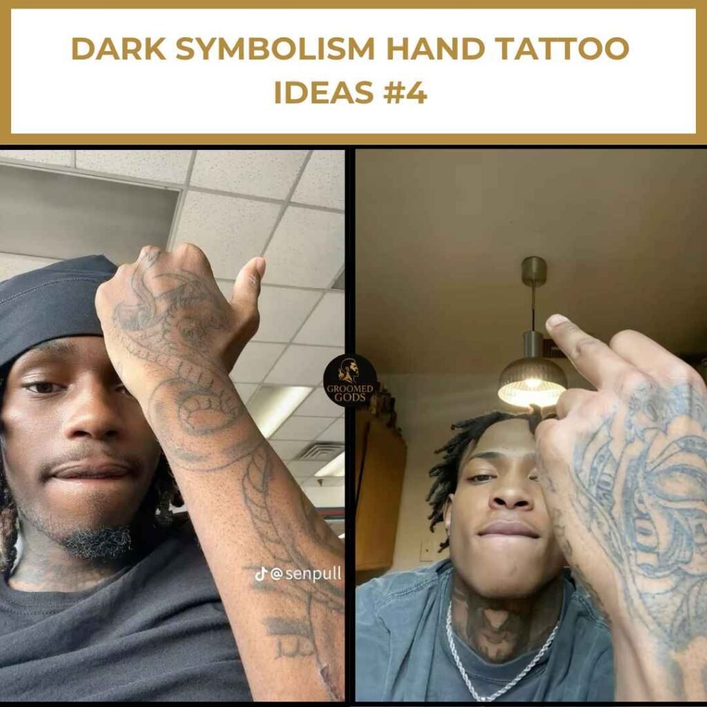 Dark Symbolism Hand Tattoo Ideas #4 Two Black men showing off bold hand tattoos with dark symbolism designs, featuring faces, eyes, and shading.
