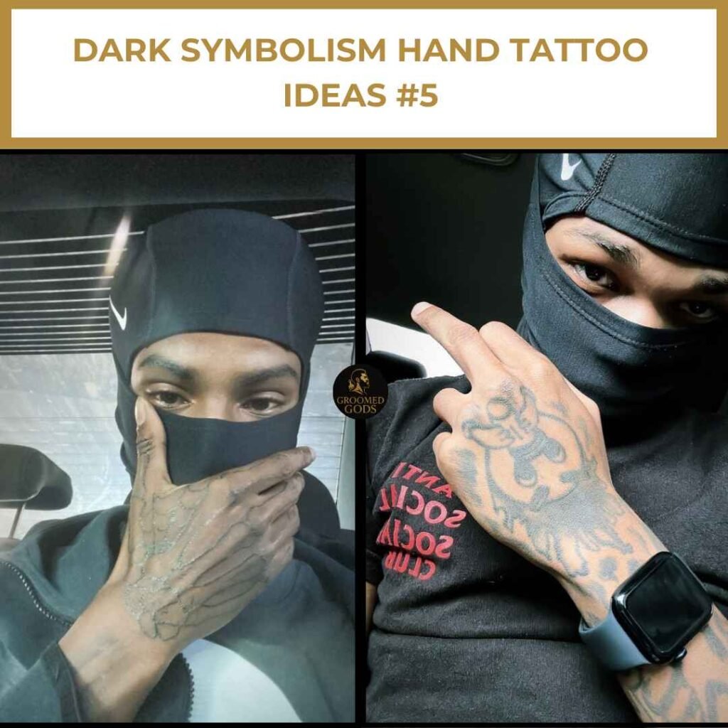 Dark Symbolism Hand Tattoo Ideas #5 Two Black men in ski masks showing off symbolic hand tattoos with dark, edgy designs and detailed linework.