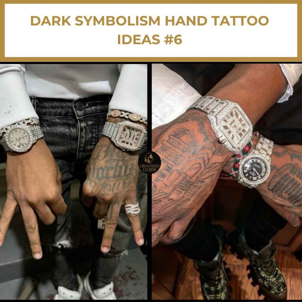 Dark Symbolism Hand Tattoo Ideas #6 Close-up of two Black men showing dark symbolism hand tattoos with iced-out watches, rings, and bold lettering.