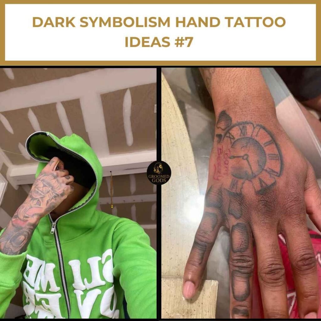 Dark Symbolism Hand Tattoo Ideas #7 Two hand tattoo designs featuring clock and script ink, worn by Black men showing off streetwear and bold symbolism.