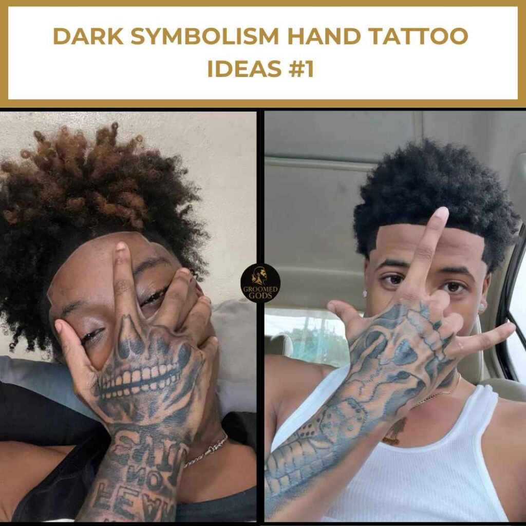 Dark Symbolism Hand Tattoo Ideas #1 Two men showing off dark symbolic hand tattoos—one with a skull design over the fingers, the other with a snake and gothic lettering.