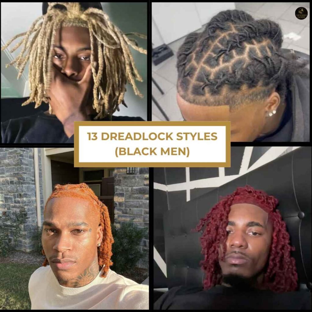 Collage showing 13 different dreadlock styles for Black men, including dyed dreads, twisted styles, and barrel twists.