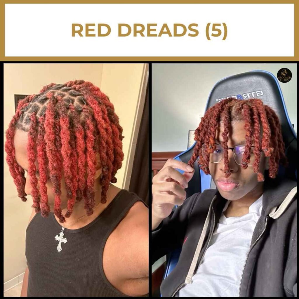 Red Dreads for Black Men Short red two-strand twisted dreadlocks on Black men, showing clean parts and a fresh retwist look.