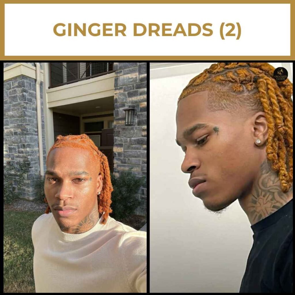 Ginger Dreads for Black Men Ginger and orange-toned dreadlocks on Black men, featuring medium-length locs with clean retwists and fade cuts.