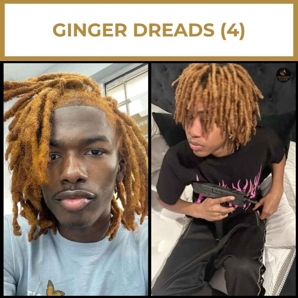 Ginger Dreads for Black Men Medium-length ginger dreadlocks on Black men with bright copper tones, styled with natural movement and volume.