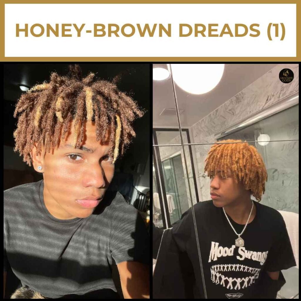 Honey Brown Dreads for Black Men Honey-brown dreadlocks on Black men featuring short to medium-length locs with warm brown tones and textured styling.