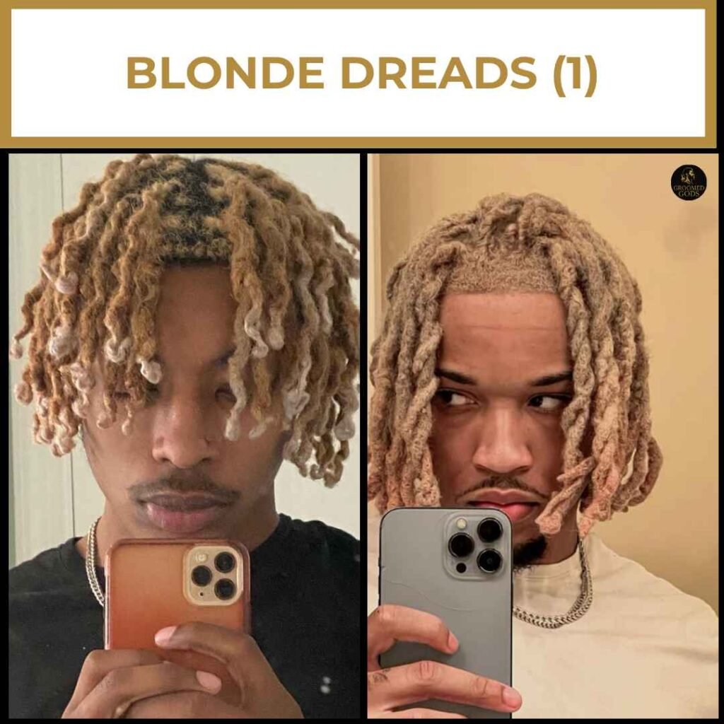 Blonde Dreads for Black Men Blonde dreadlocks on Black men featuring medium-length locs with light golden tones and clean fade styles.