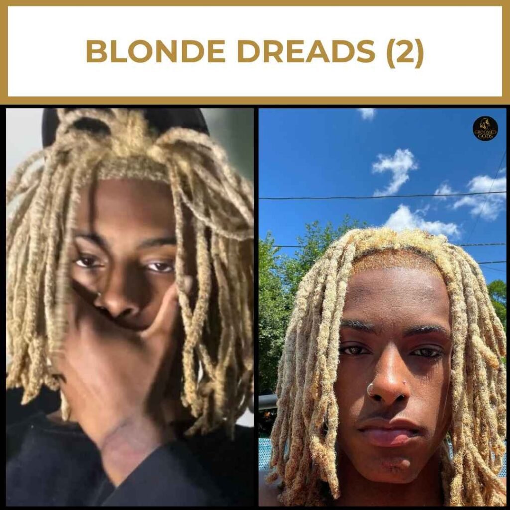 Long Blonde Dreads for Black Men Long blonde dreadlocks on Black men with full, thick locs and bright platinum-blonde color under natural light.