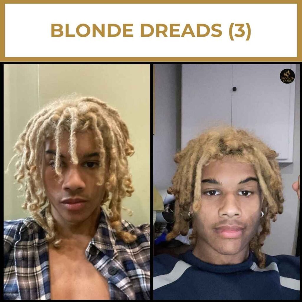 Short Blonde Dreads for Black Men Short blonde dreadlocks on Black men featuring light golden and sandy tones with medium thickness and defined texture.